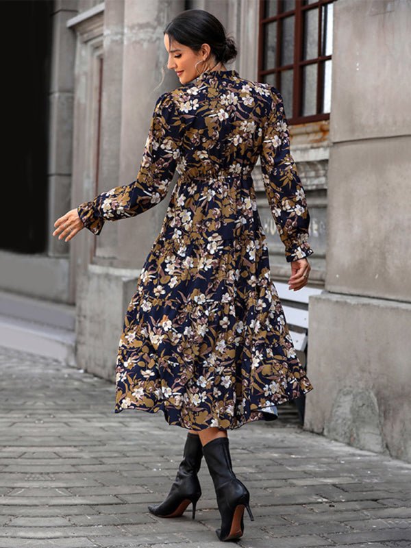Women's new V - neck waist long - sleeved printed dress - Day Dress