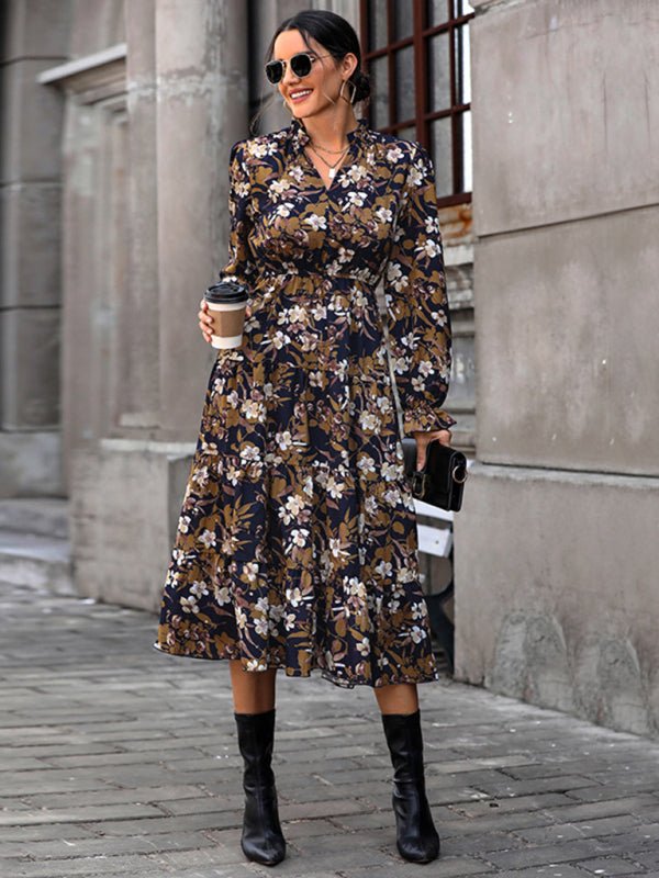 Women's new V - neck waist long - sleeved printed dress - Day Dress