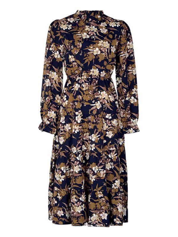 Women's new V - neck waist long - sleeved printed dress - Day Dress
