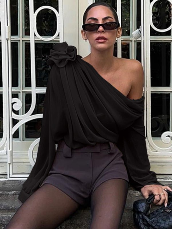 Women's off - shoulder chiffon floral loose top blouse - Top