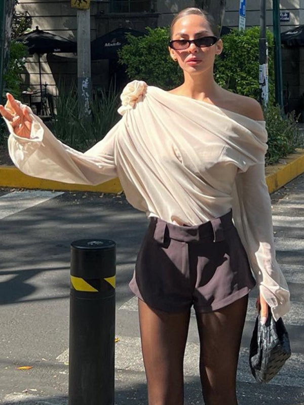 Women's off - shoulder chiffon floral loose top blouse - Top
