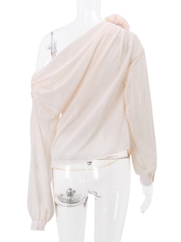 Women's off - shoulder chiffon floral loose top blouse - Top