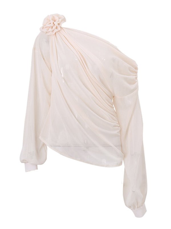Women's off - shoulder chiffon floral loose top blouse - Top