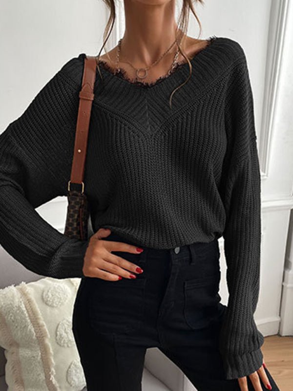 Women's patchwork lace pullover solid color knitted sweater - Outerwear