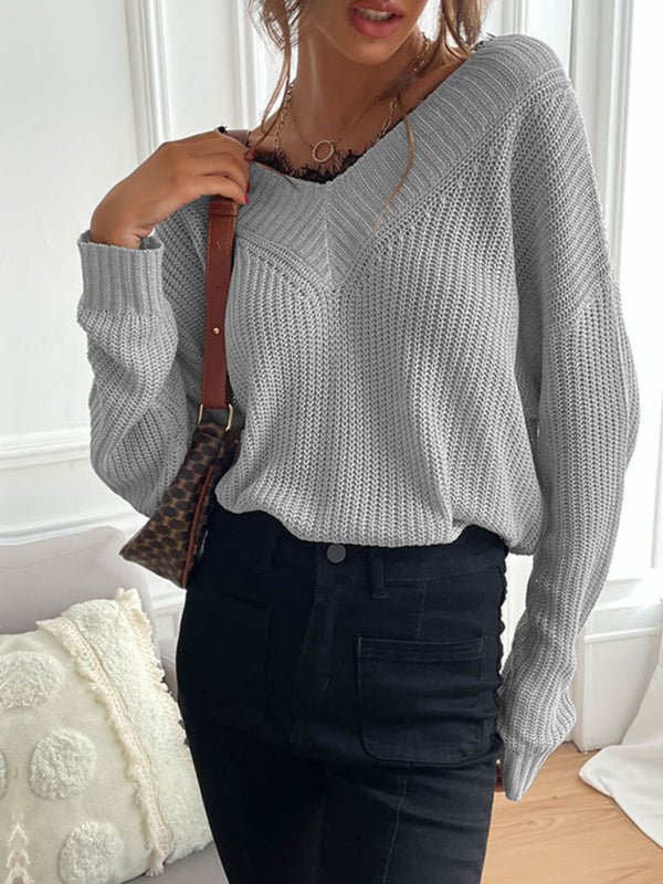Women's patchwork lace pullover solid color knitted sweater - Outerwear