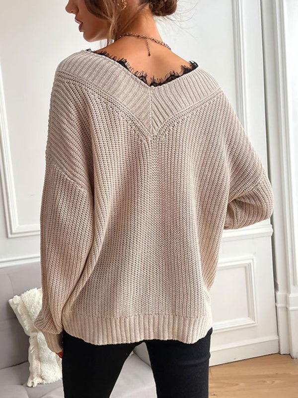 Women's patchwork lace pullover solid color knitted sweater - Outerwear