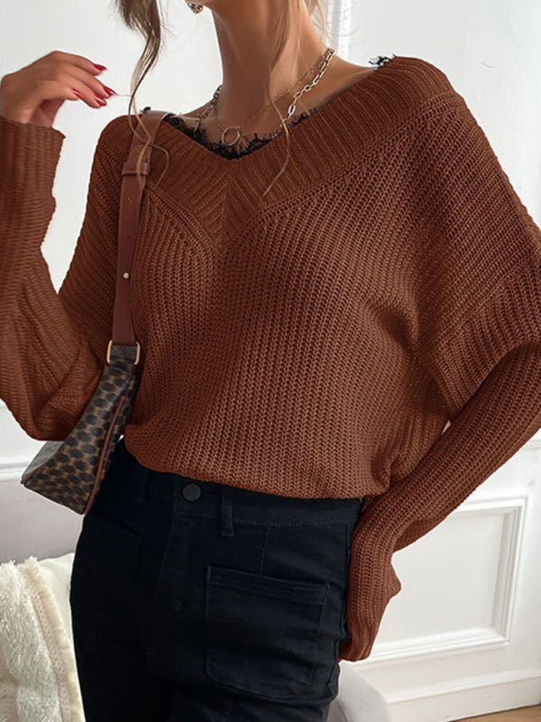 Women's patchwork lace pullover solid color knitted sweater - Outerwear