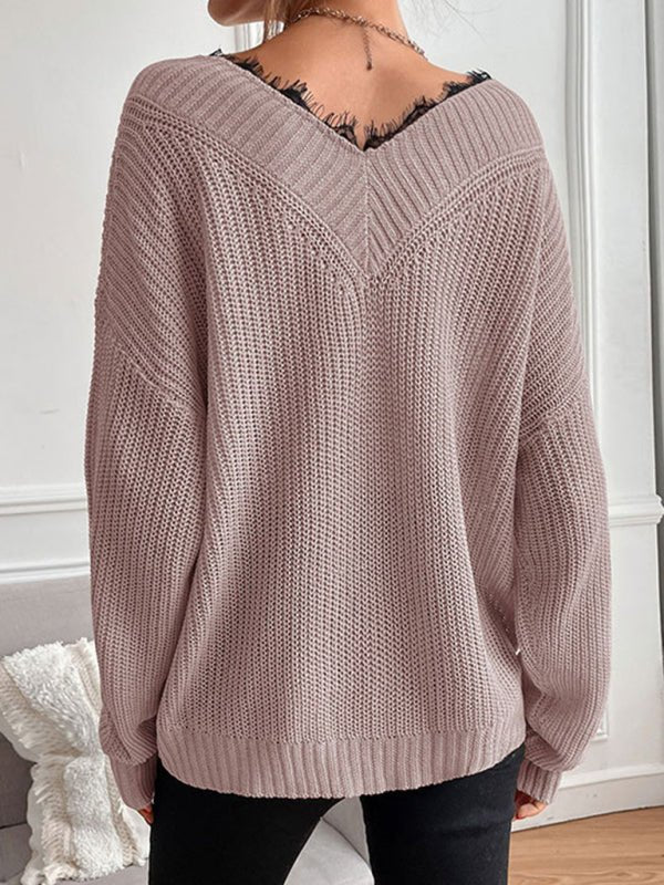 Women's patchwork lace pullover solid color knitted sweater - Outerwear