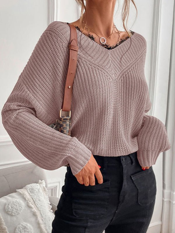 Women's patchwork lace pullover solid color knitted sweater - Outerwear