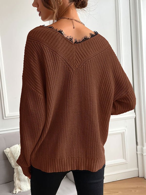 Women's patchwork lace pullover solid color knitted sweater - Outerwear