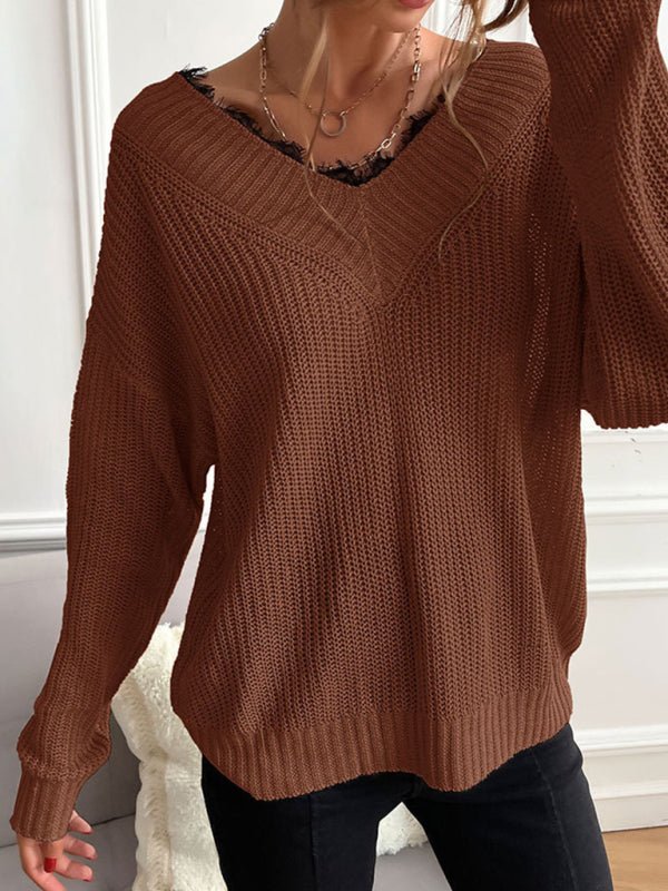 Women's patchwork lace pullover solid color knitted sweater - Outerwear