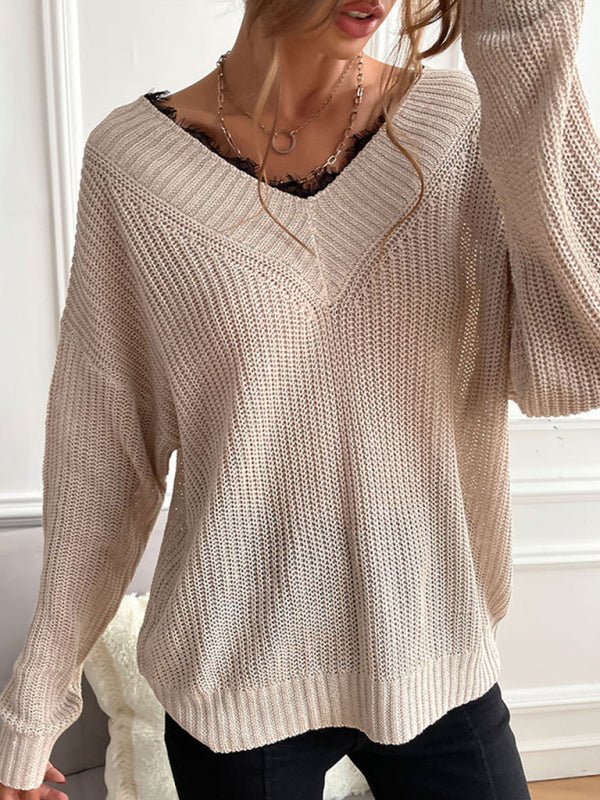Women's patchwork lace pullover solid color knitted sweater - Outerwear