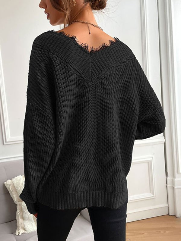 Women's patchwork lace pullover solid color knitted sweater - Outerwear