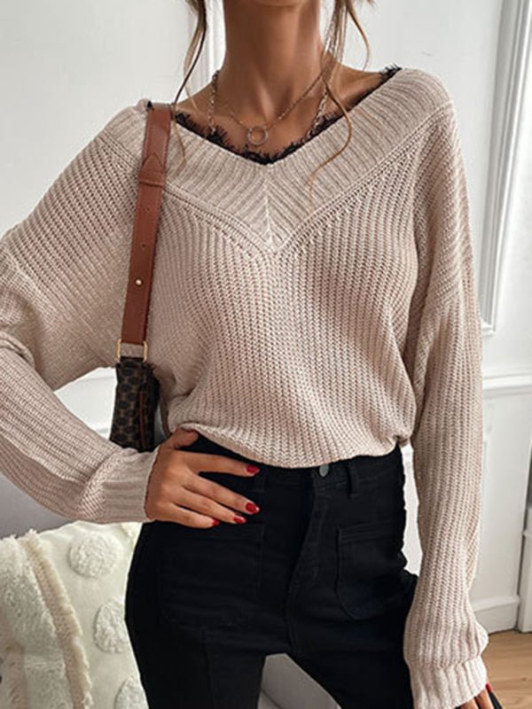 Women's patchwork lace pullover solid color knitted sweater - Outerwear
