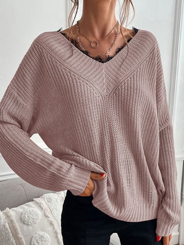 Women's patchwork lace pullover solid color knitted sweater - Outerwear