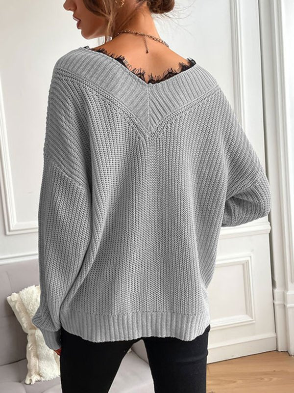 Women's patchwork lace pullover solid color knitted sweater - Outerwear