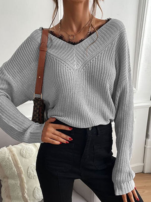 Women's patchwork lace pullover solid color knitted sweater - Outerwear