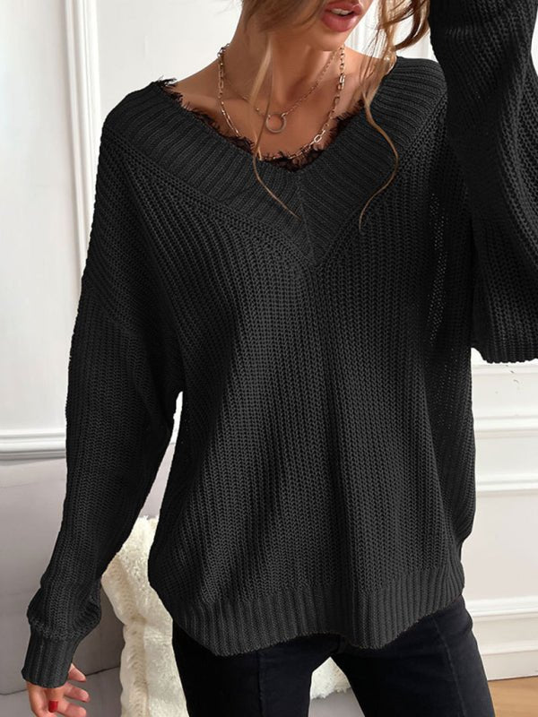 Women's patchwork lace pullover solid color knitted sweater - Outerwear