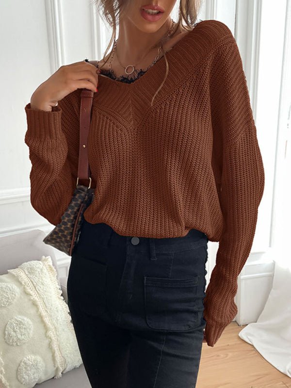 Women's patchwork lace pullover solid color knitted sweater - Outerwear