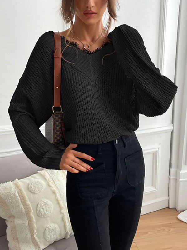 Women's patchwork lace pullover solid color knitted sweater - Outerwear