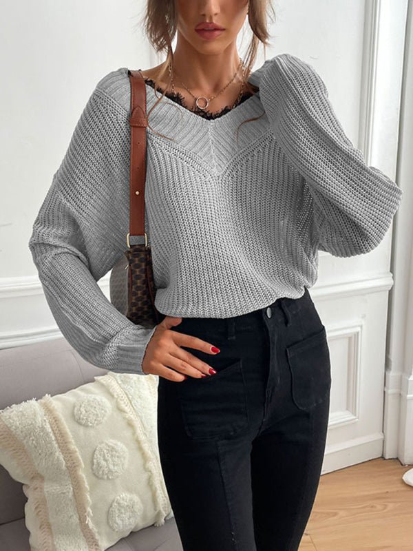 Women's patchwork lace pullover solid color knitted sweater - Outerwear