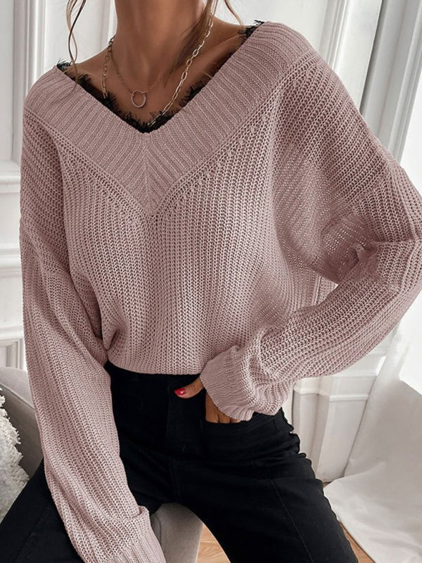Women's patchwork lace pullover solid color knitted sweater - Outerwear