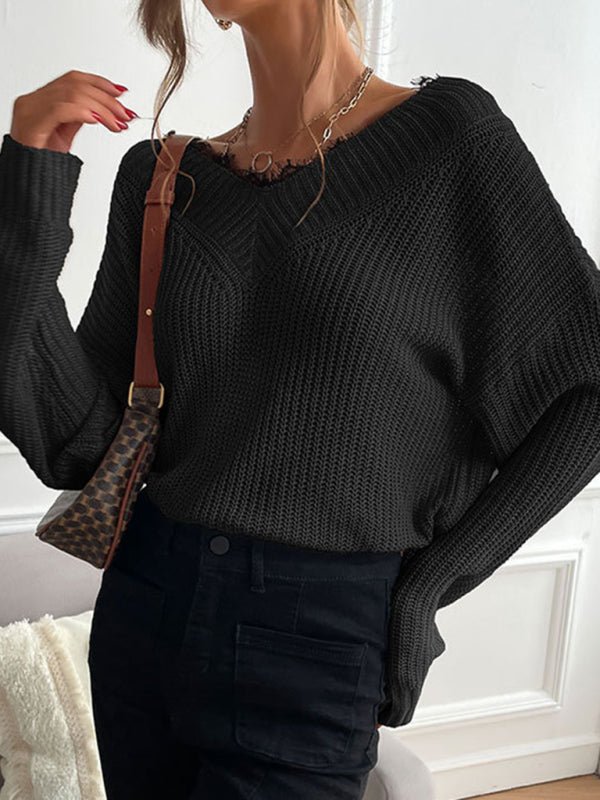 Women's patchwork lace pullover solid color knitted sweater - Outerwear