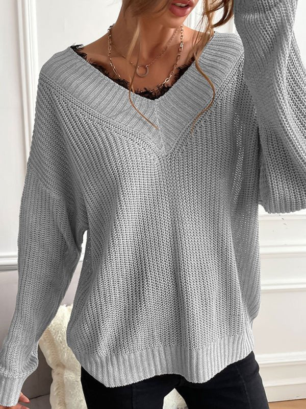 Women's patchwork lace pullover solid color knitted sweater - Outerwear