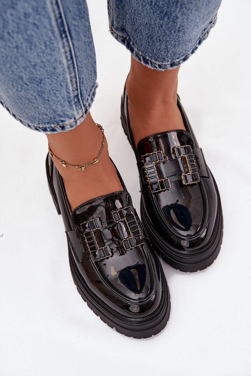 Women's Patent Loafers with Decorative Detail - 