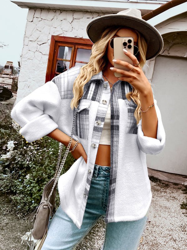 Women's Plaid Panel Fleece Long Sleeve Jacket - Outerwear