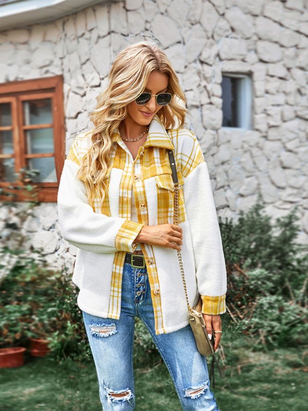 Women's Plaid Panel Fleece Long Sleeve Jacket - Outerwear