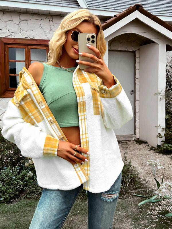 Women's Plaid Panel Fleece Long Sleeve Jacket - Outerwear