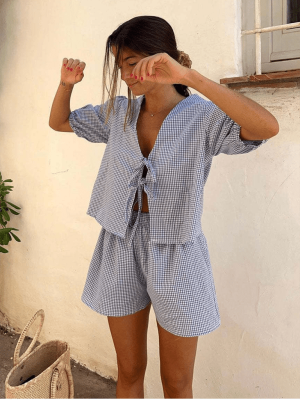 Women's Plaid Striped Elastic Cuffs Casual Fashion Tie Elastic Waist Shorts Set - Short Suit