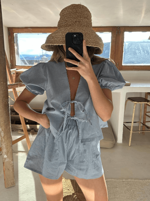 Women's Plaid Striped Elastic Cuffs Casual Fashion Tie Elastic Waist Shorts Set - Short Suit