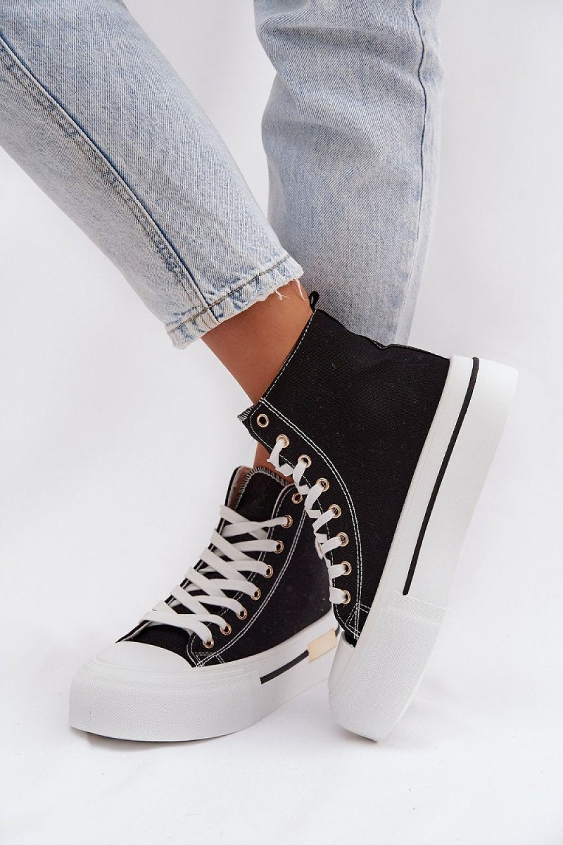 Women's Platform Sneakers with Gold Accent - 