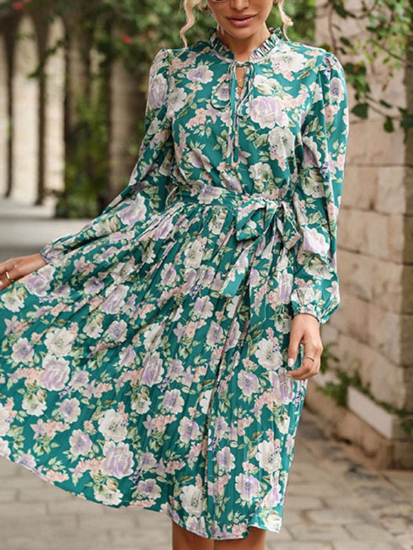 Women's Pleated Crew Neck Printed Long Sleeve Vintage Dress - Day Dress