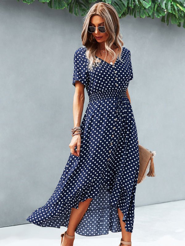 Women's Polka Dot Skirt Front Short Back Long Middle Length Swing Skirt Dress - Day Dress