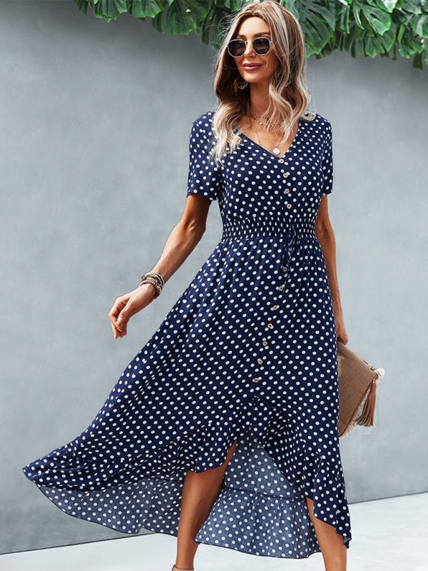 Women's Polka Dot Skirt Front Short Back Long Middle Length Swing Skirt Dress - Day Dress