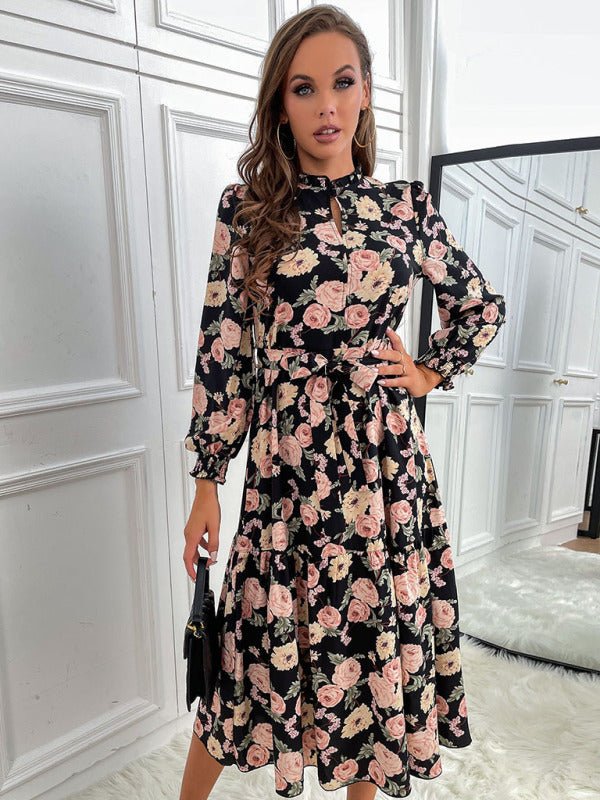 Women's print long sleeve half high neck dress - Day Dress