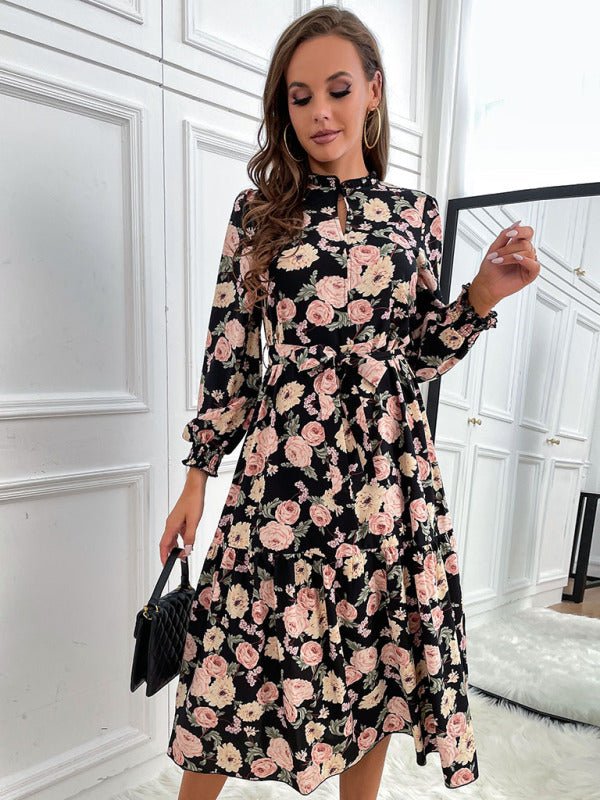 Women's print long sleeve half high neck dress - Day Dress
