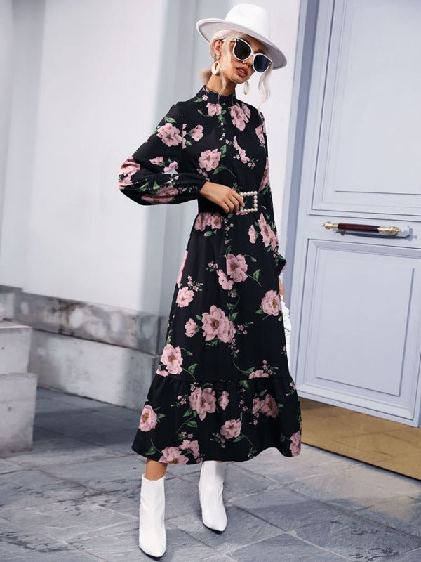 Women's print long sleeve half high neck long dress dress - Day Dress
