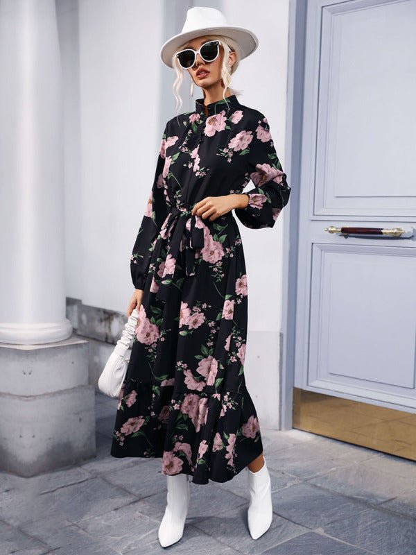 Women's print long sleeve half high neck long dress dress - Day Dress