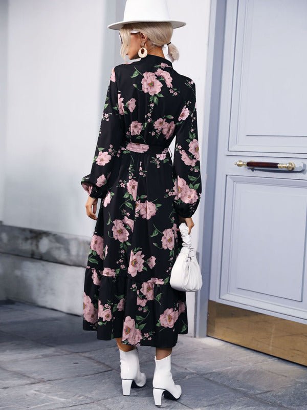 Women's print long sleeve half high neck long dress dress - Day Dress