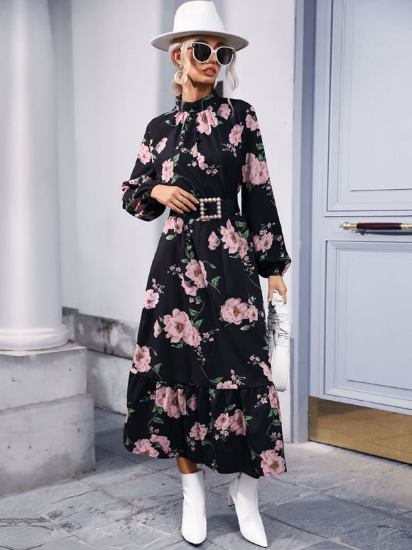 Women's print long sleeve half high neck long dress dress - Day Dress