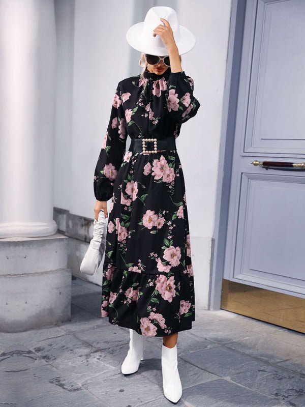 Women's print long sleeve half high neck long dress dress - Day Dress
