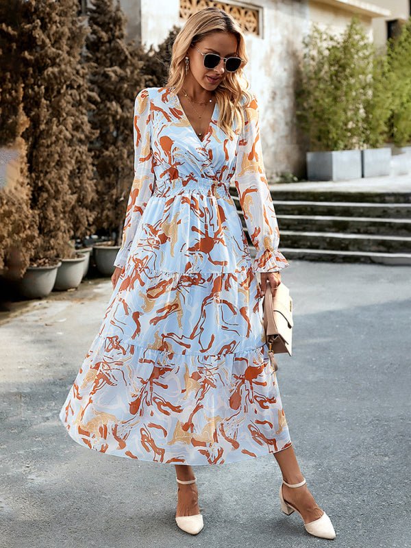 Women's Printed Casual Vacation Printed V - Neck Dress - Vacation Dress