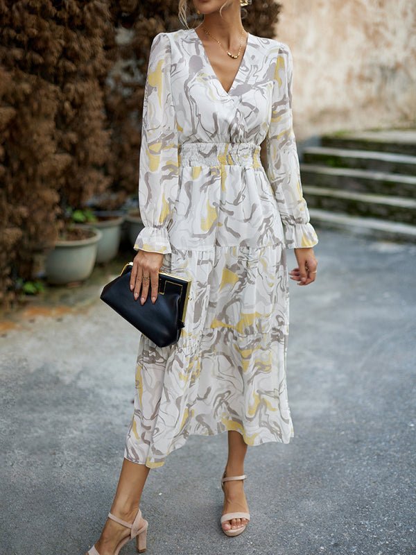 Women's Printed Casual Vacation Printed V - Neck Dress - Vacation Dress