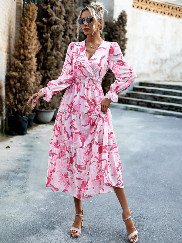 Women's Printed Casual Vacation Printed V - Neck Dress - Vacation Dress