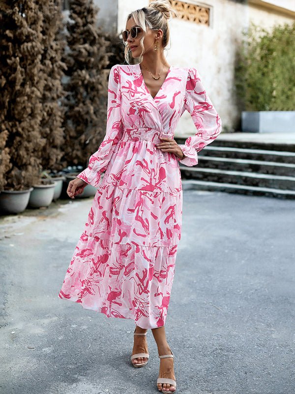 Women's Printed Casual Vacation Printed V - Neck Dress - Vacation Dress