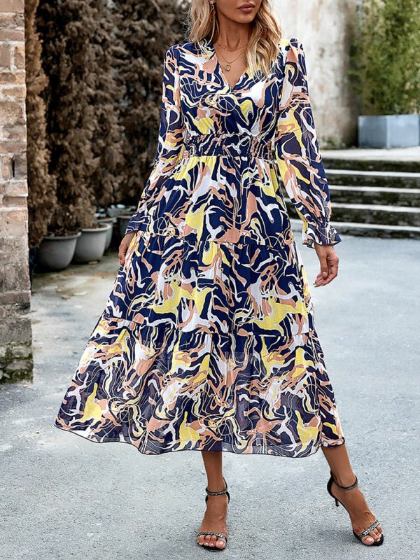 Women's Printed Casual Vacation Printed V - Neck Dress - Vacation Dress